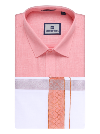 Mens Coral Pink Shirt with Matching jacquard Weave Border Dhoti Combo Marsh