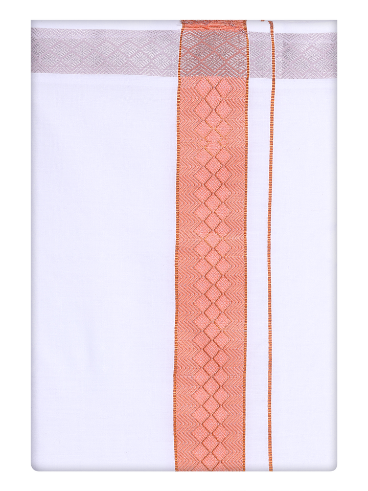 Mens White Dhoti with jacquard Weave Coral Pink Border