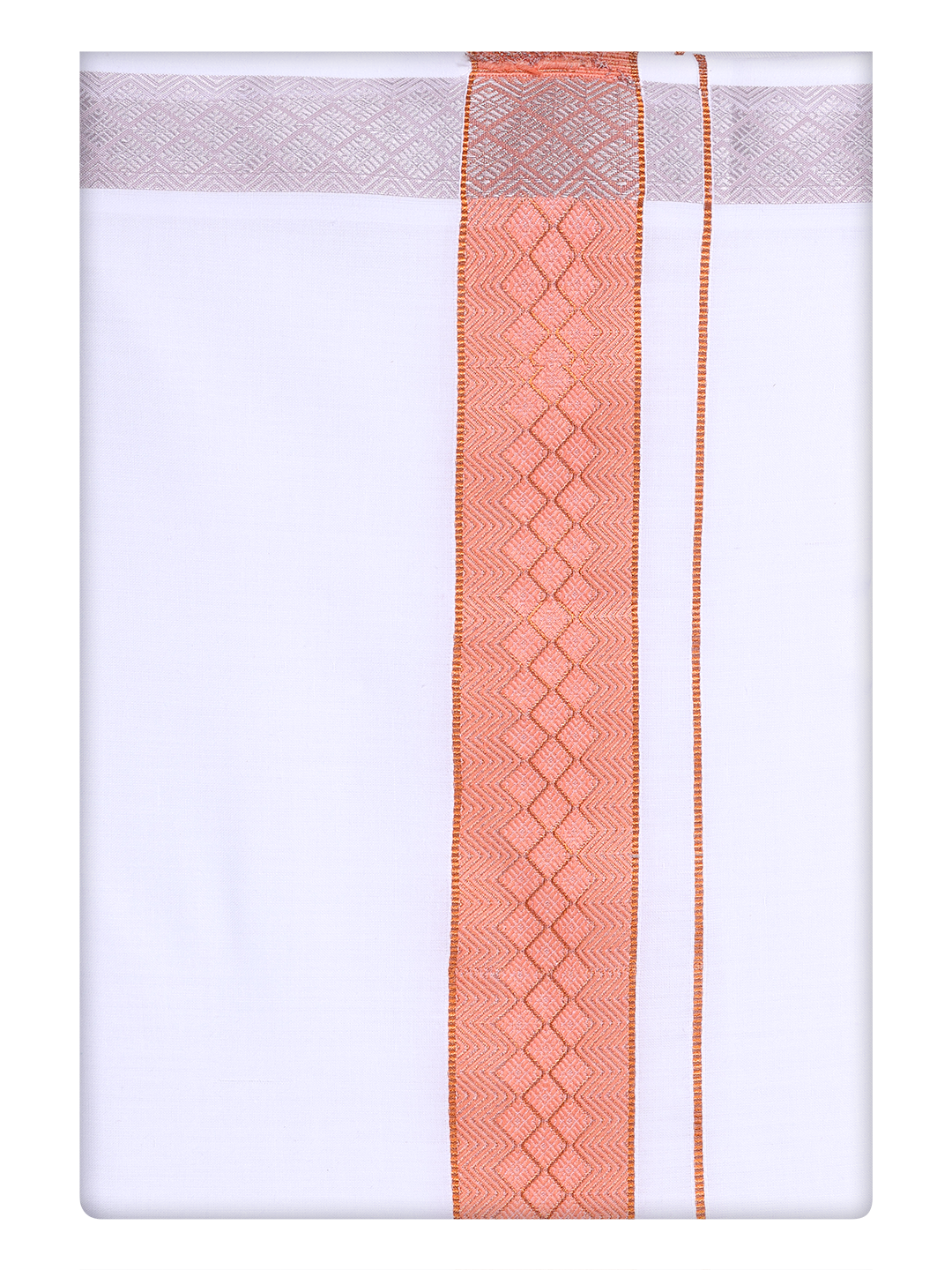 Mens White Dhoti with jacquard Weave Coral Pink Border