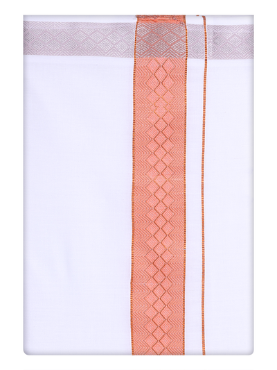 Mens White Dhoti with jacquard Weave Coral Pink Border