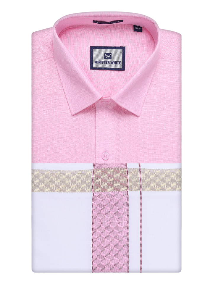 Mens Pink Shirt with Matching jacquard Weave Border Dhoti Combo Marsh
