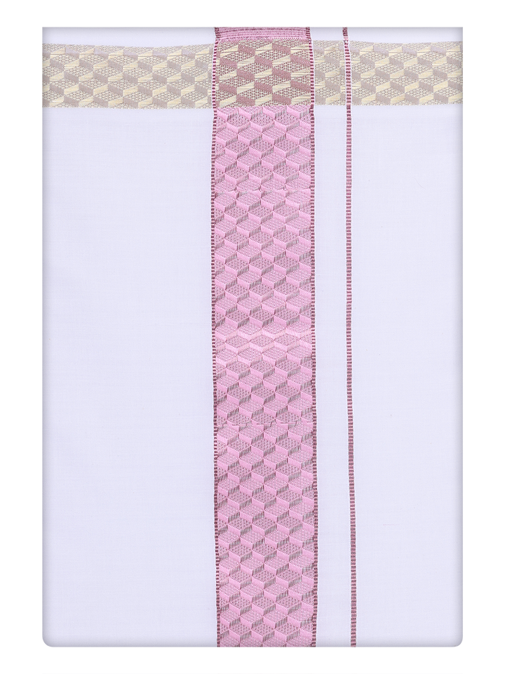Mens White Dhoti with jacquard Weave Pink Border