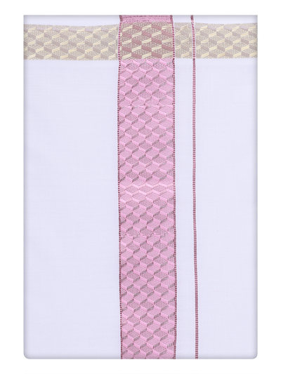 Mens White Dhoti with jacquard Weave Pink Border