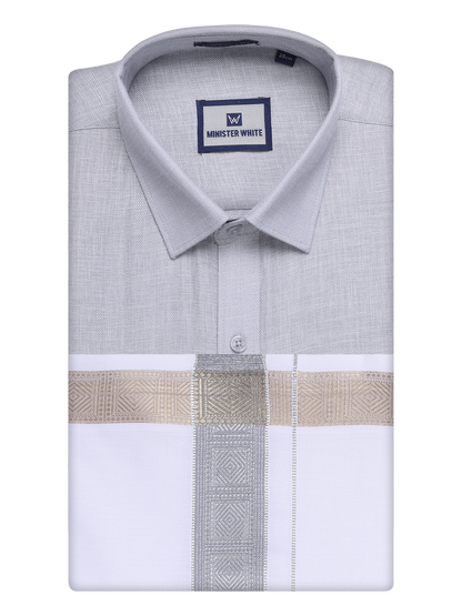 Mens Light Grey Shirt with Matching jacquard Weave Border Dhoti Combo Marsh