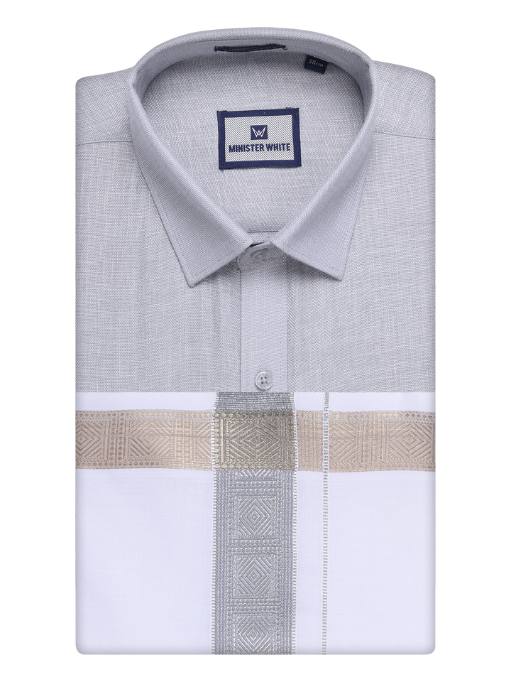 Mens Light Grey Shirt with Matching jacquard Weave Border Dhoti Combo Marsh