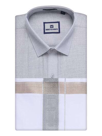 Mens Light Grey Shirt with Matching jacquard Weave Border Dhoti Combo Marsh