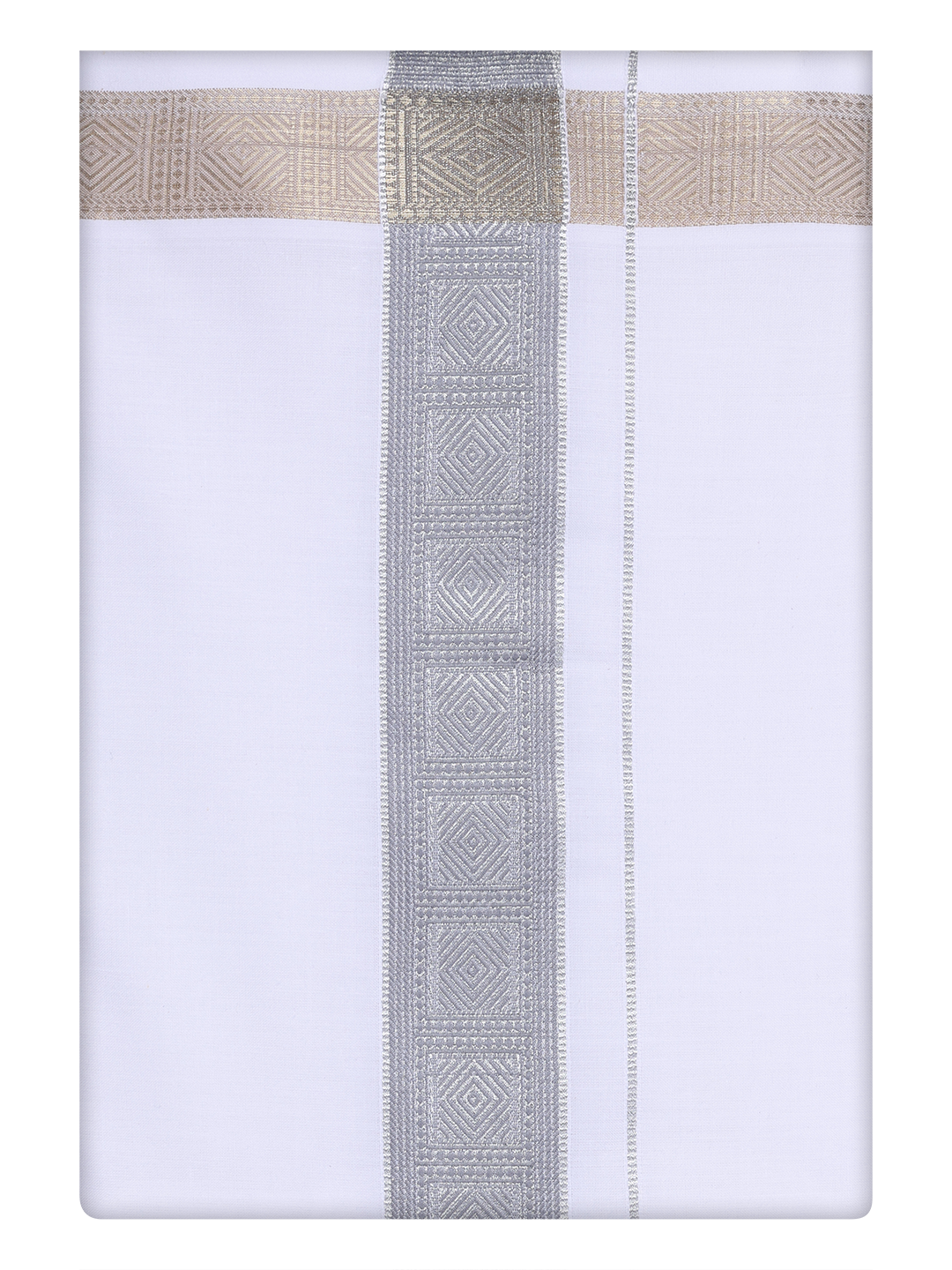 Mens White Dhoti with jacquard Weave Light Grey Border