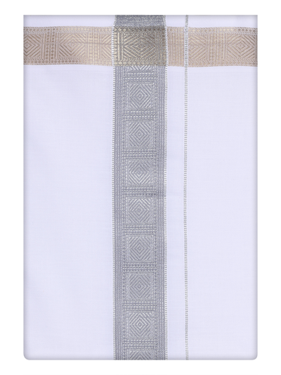 Mens White Dhoti with jacquard Weave Light Grey Border