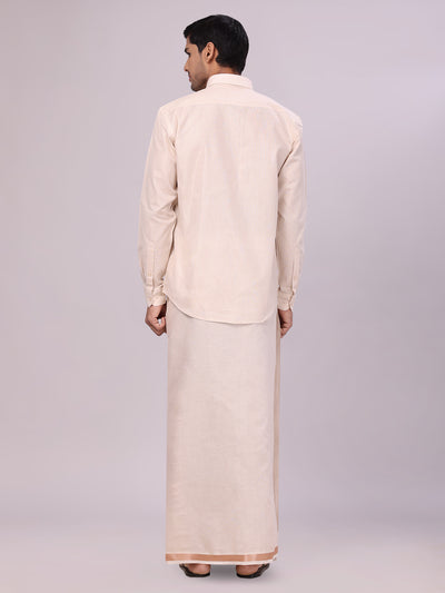 Men's Light Copper Color Tissue Shirt with Jari Dhoti Combo back pose