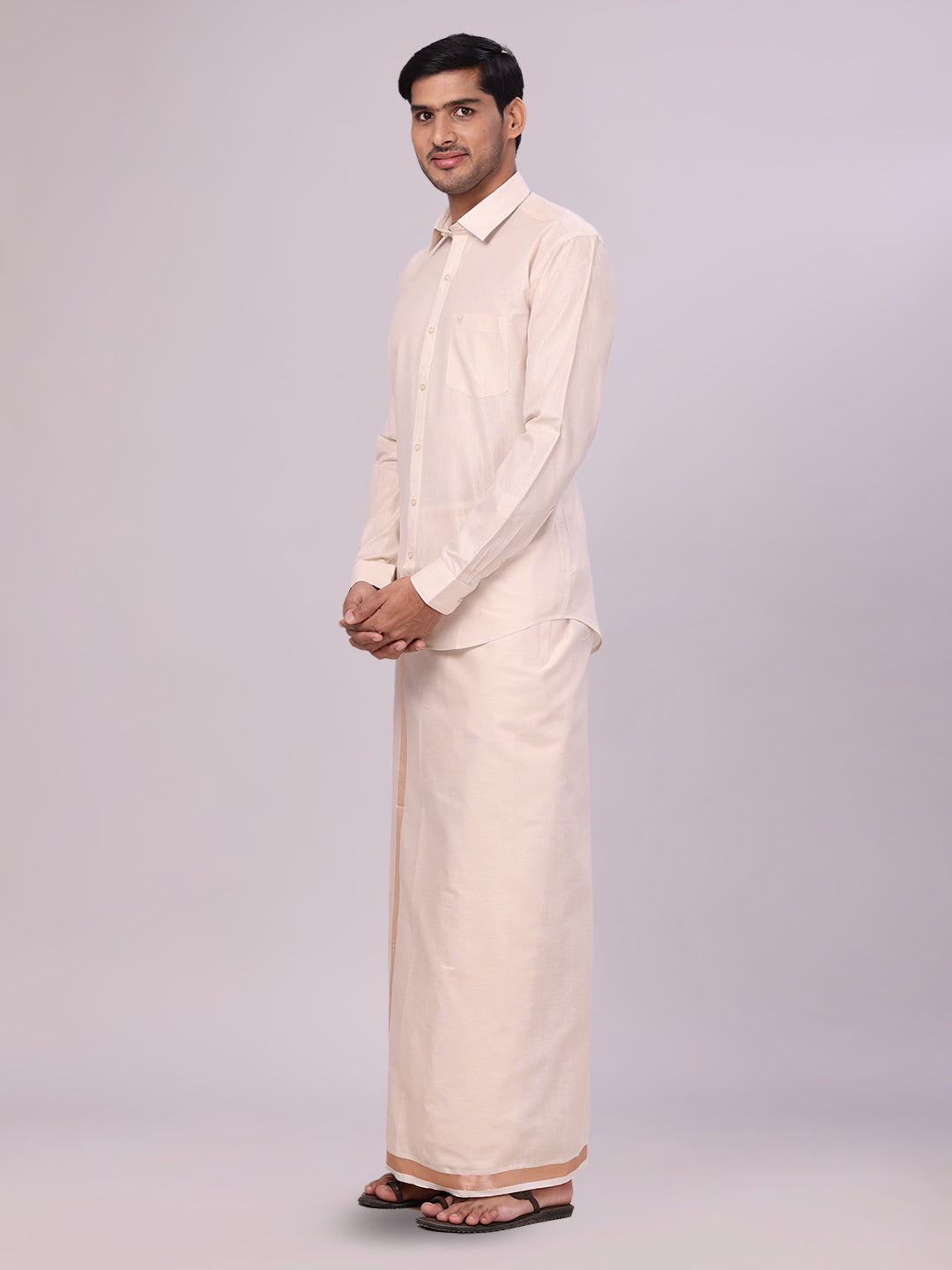 Men's Tissue Light Copper Colour Dhoti Shirt Wedding Combo Maverick side pose