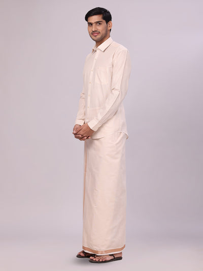 Men's Tissue Light Copper Colour Dhoti Shirt Wedding Combo Maverick side pose