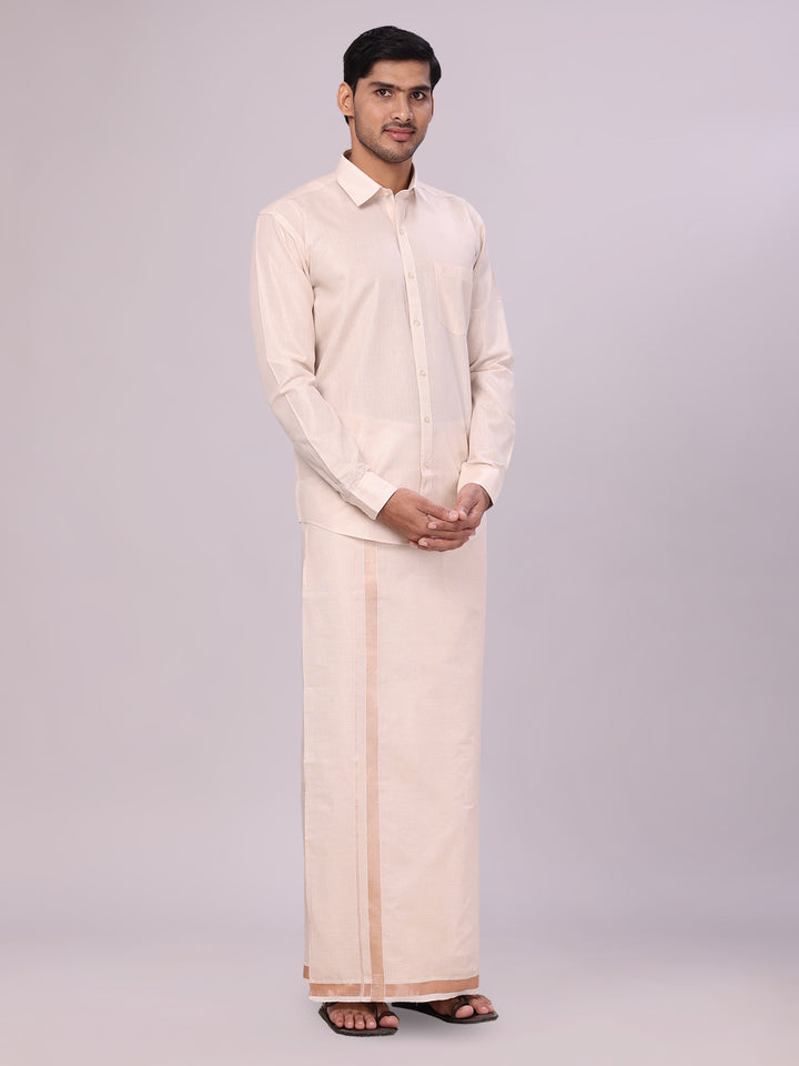 Men's Tissue Light Copper Color Flexi Dhoti Shirt Wedding Combo Maverick Flexi