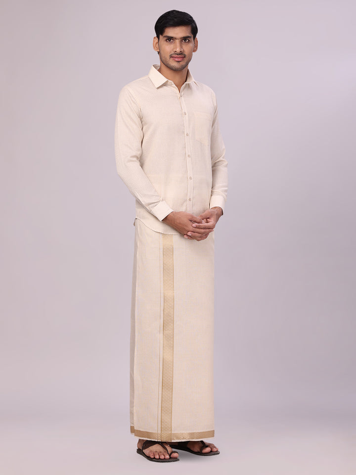 Mens Beige Tissue Jacquard Shirt with Matching Flexi Dhoti Combo Zeebra