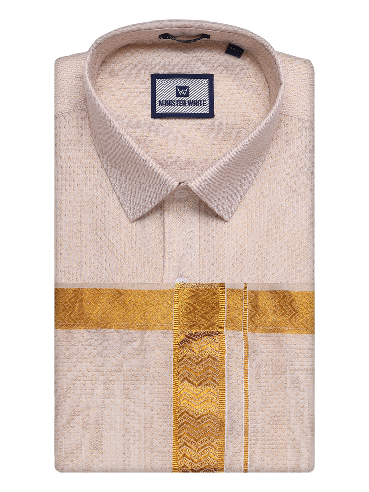 Mens Gold Tissue Jacquard Shirt with Matching Dhoti Combo Zeus by Minister White