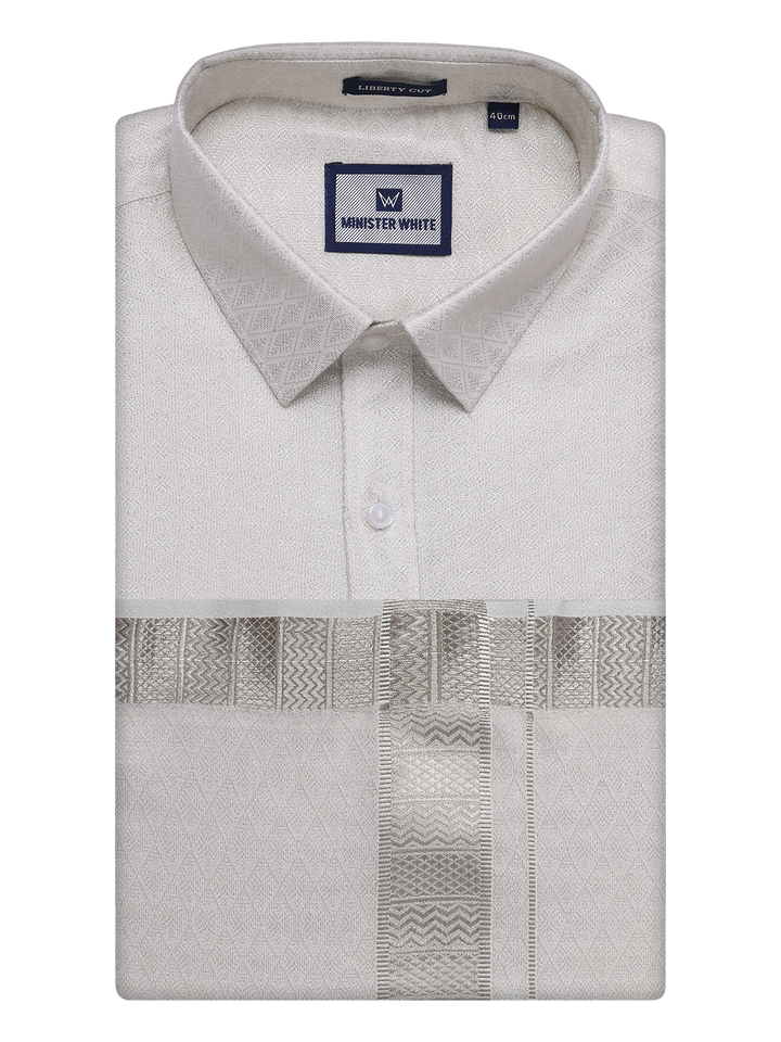Mens Silver Tissue Jacquard Shirt with Matching Dhoti Combo Zeus by Minister White