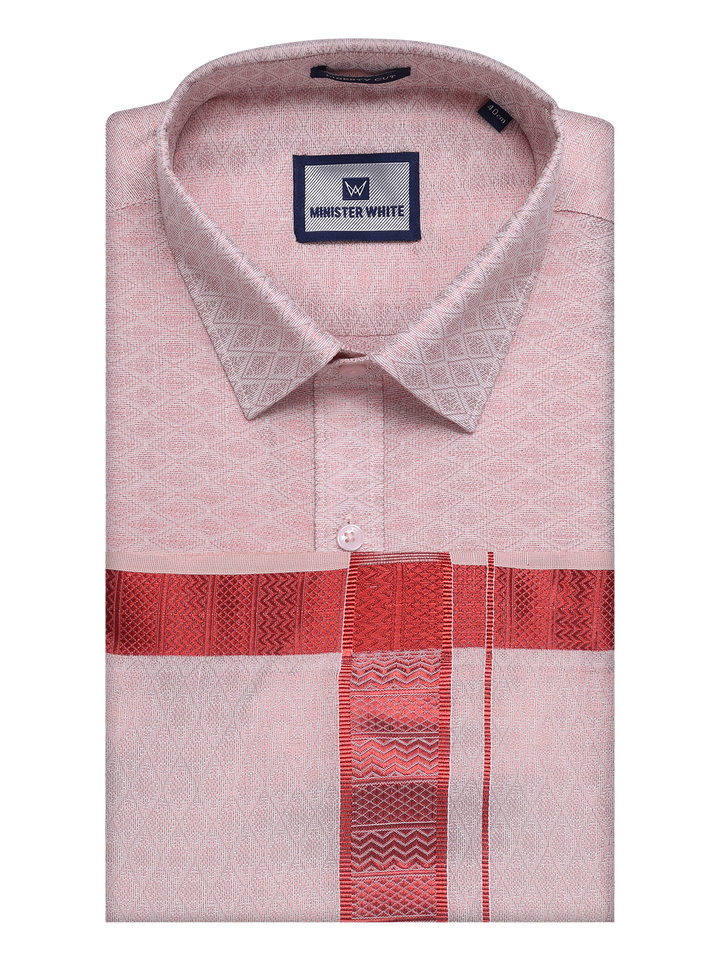 Mens Maroon Tissue Jacquard Shirt with Matching Dhoti Combo Zeus by Minister White