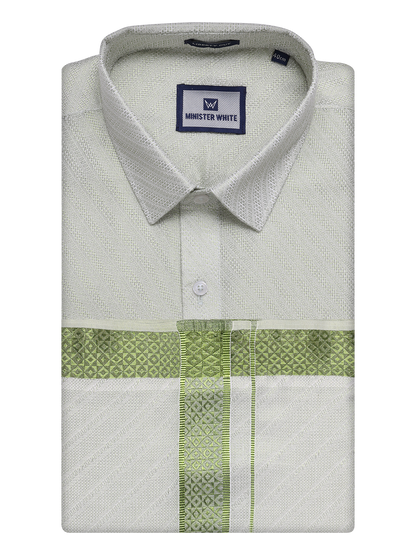 Mens Leaf Green Tissue Jacquard Shirt with Matching Dhoti Combo Zeus by Minister White