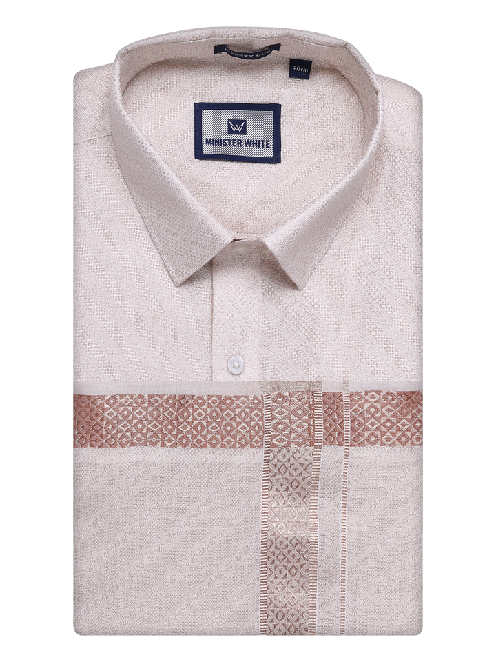 Mens Light Copper Tissue Jacquard Shirt with Matching Dhoti Combo Zeus by Minister White