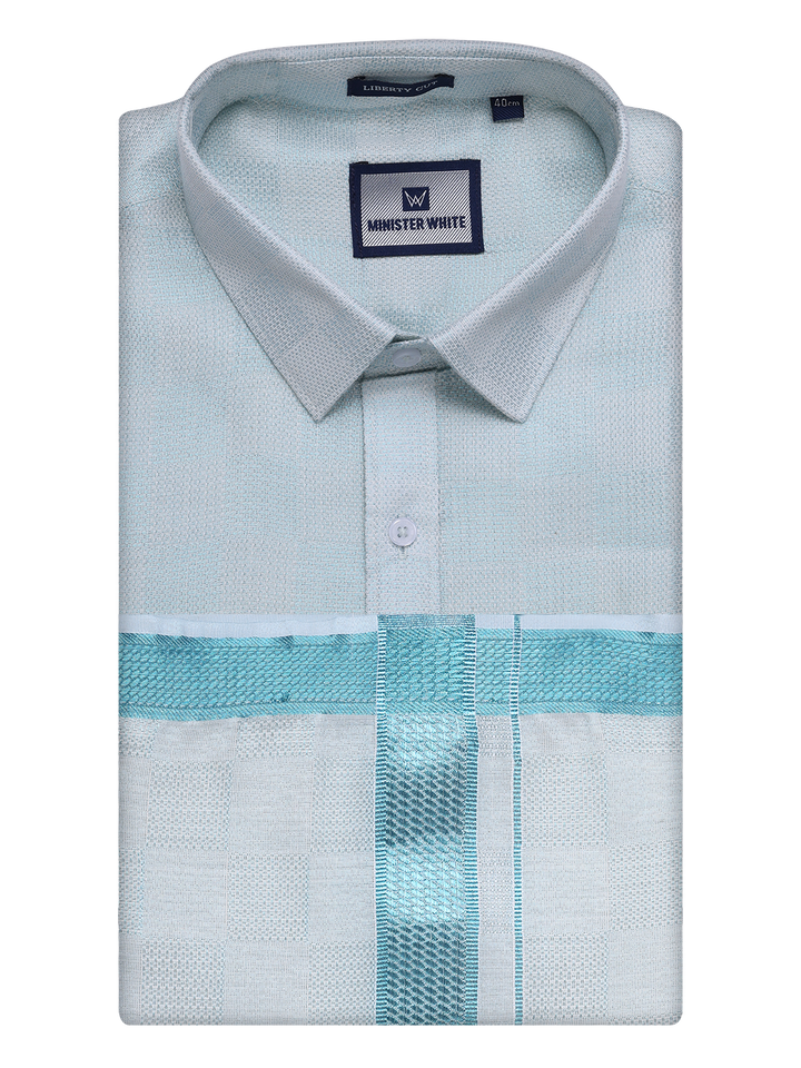 Mens Mint Blue Tissue Jacquard Shirt with Matching Dhoti Combo Zeus by Minister White