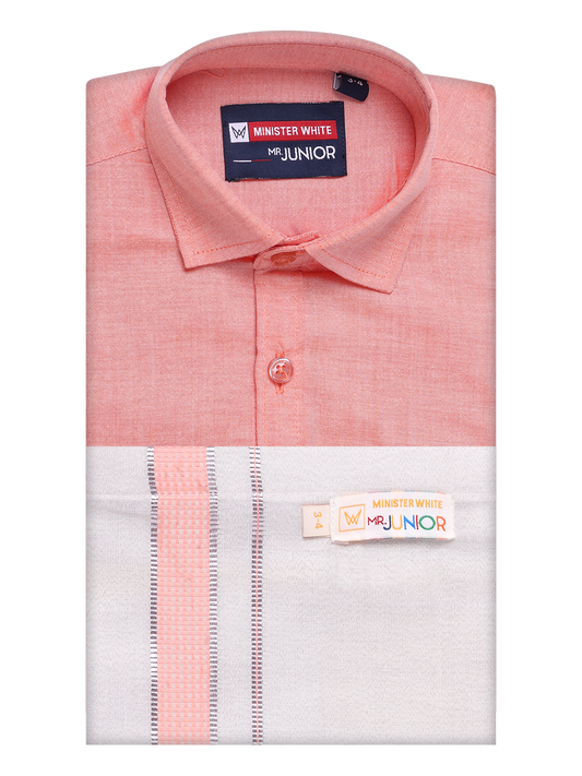 Kids Cotton Peach Shirt with Tissue Matching Border Dhoti Combo