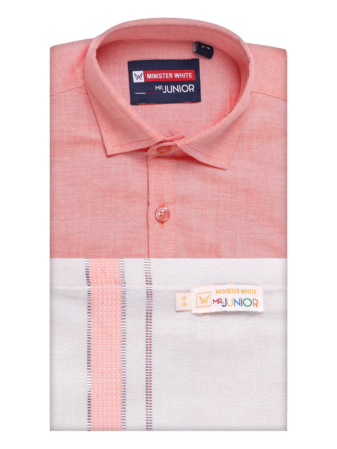 Kids Cotton Peach Shirt with Tissue Matching Border Dhoti Combo