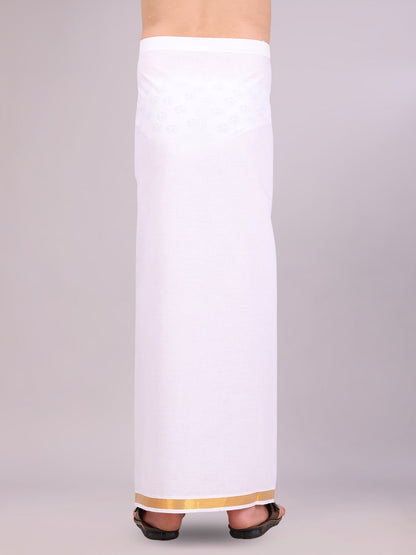 Boys Cotton White Adjustable Dhoti with Gold Jari Border Rich Look back pose