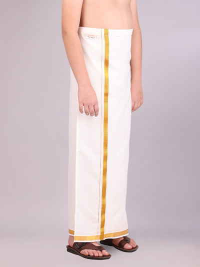 Boys Cotton Cream Adjustable Dhoti with Gold Jari Border Best Choice side pose