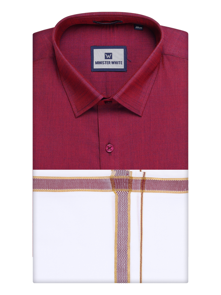 Mens Medium Wine Shirt with Matching Border Dhoti Combo Pinto by Minister White