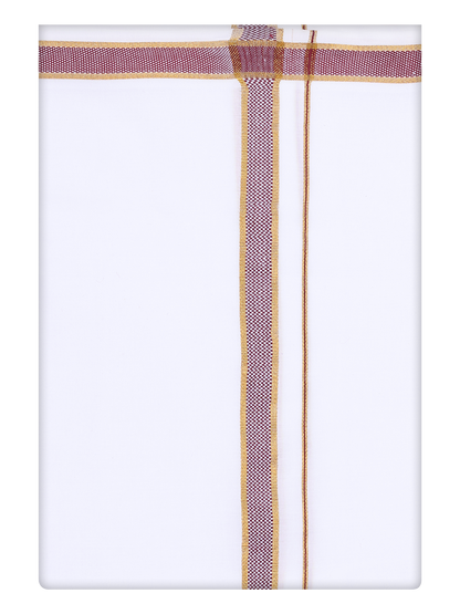 Mens Cotton White Dhoti with Medium Wine Broder by Minister White