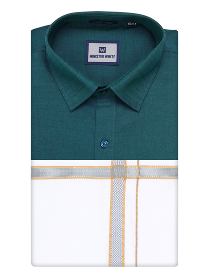 Mens Teal Green Shirt with Matching Border Dhoti Combo Pinto by Minister White
