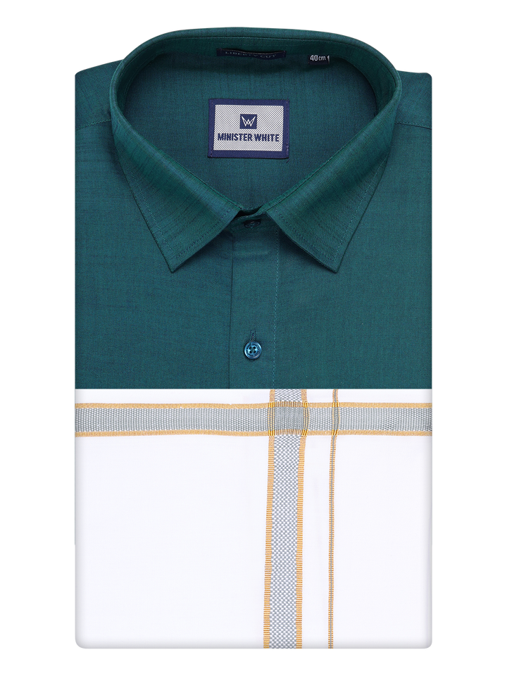 Mens Teal Green Shirt with Matching Border Dhoti Combo Pinto by Minister White