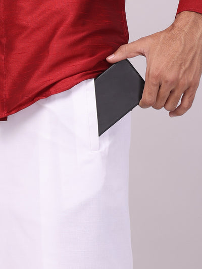 Men's Red Dupion Satin Color Shirt with Matching Border Flexi Dhoti Combo Gora Flexi pocket