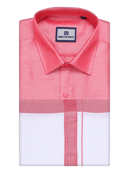 Mens Coral Pink Dupion Satin Shirt with Matching Border Dhoti Combo Gora by Minister White
