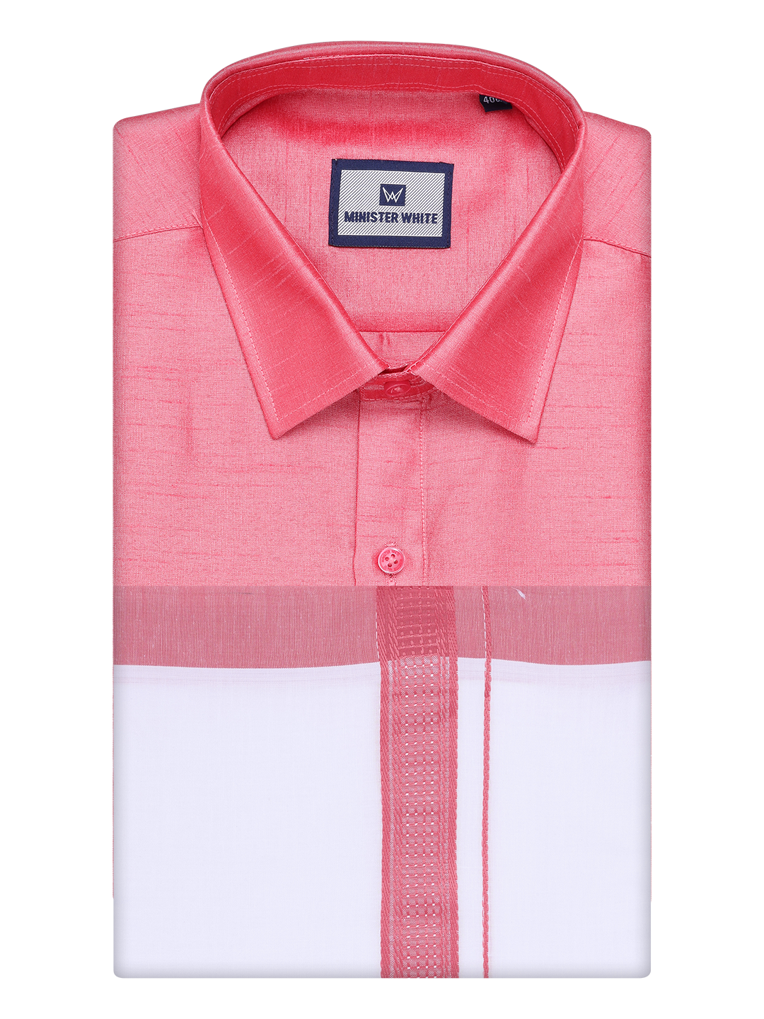 Mens Coral Pink Dupion Satin Shirt with Matching Border Dhoti Combo Gora by Minister White