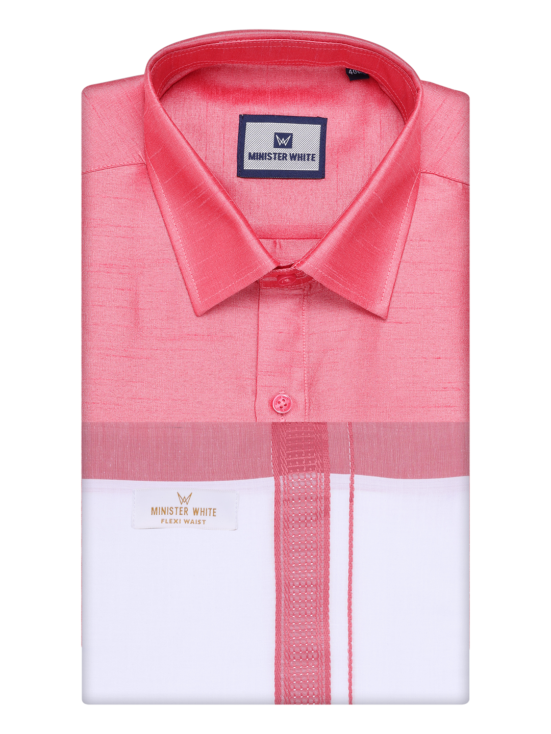 Mens Coral Pink Dupion Satin Color Shirt with Matching Border Flexi Dhoti Combo Gora Flexi by Minister White