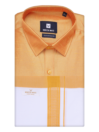 Mens Yellow Dupion Satin Color Shirt with Matching Border Flexi Dhoti Combo Gora Flexi by Minister White