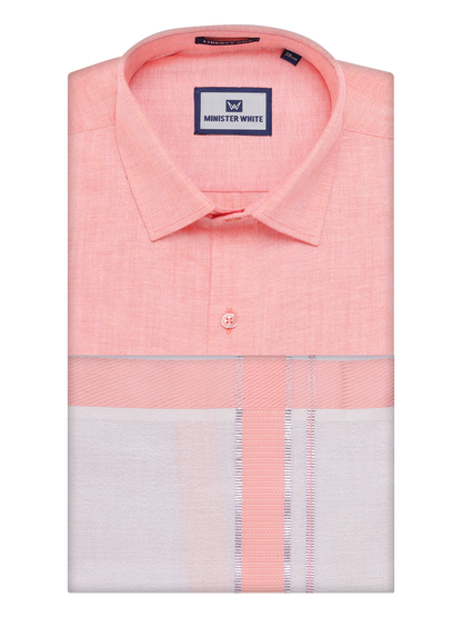 Mens Cotton Peach Shirt with Tissue Matching Border Dhoti Wedding Combo Kandala by Minister White