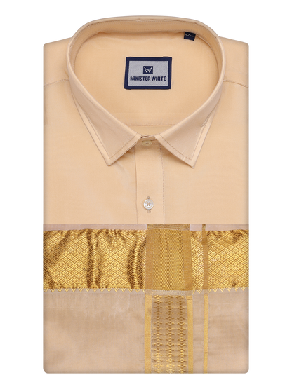 Men's Art Silk Medium Gold Full Sleeves Shirt with 3" Gold Jari Border Dhoti Combo Haldi