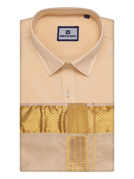 Men's Art Silk Medium Gold Full Sleeves Shirt with 3" Gold Jari Border Dhoti Combo Haldi