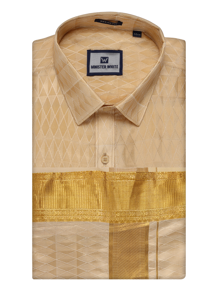 Men's Art Silk Medium Gold Full Sleeves Shirt with 3" Gold Jari Border Dhoti Combo Neogen