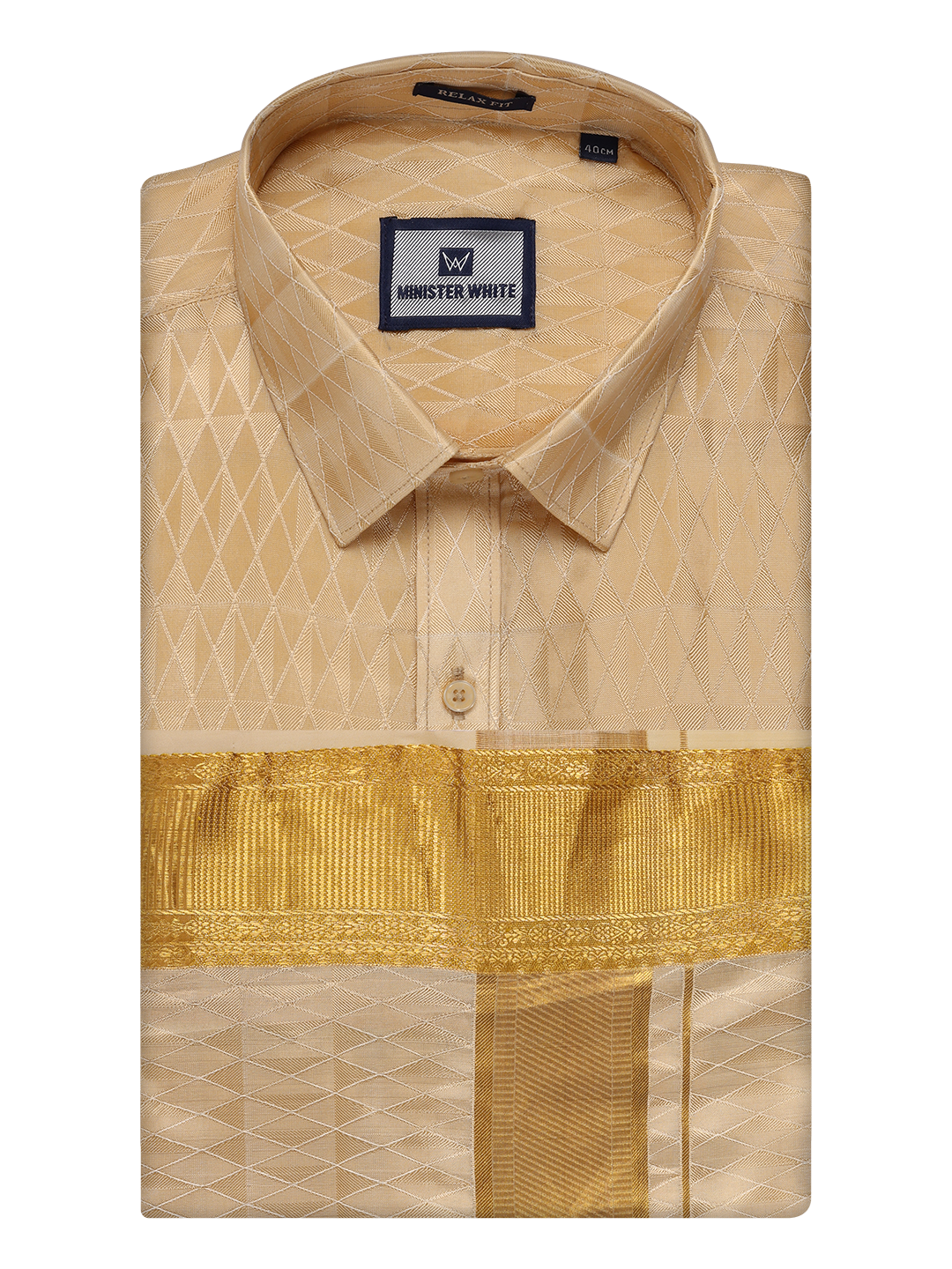 Men's Art Silk Medium Gold Full Sleeves Shirt with 3" Gold Jari Border Dhoti Combo Neogen