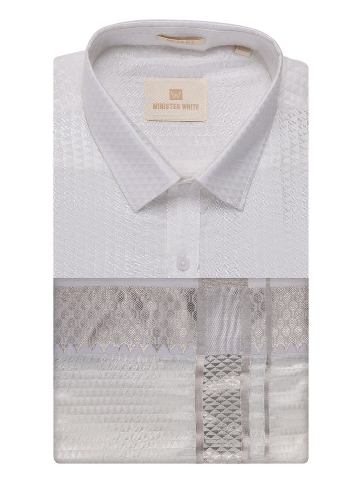 Mens Art Silk Half White Full Sleeves Shirt with 2 1/2" Silver Jari Border Dhoti Combo Neogen by Minister White
