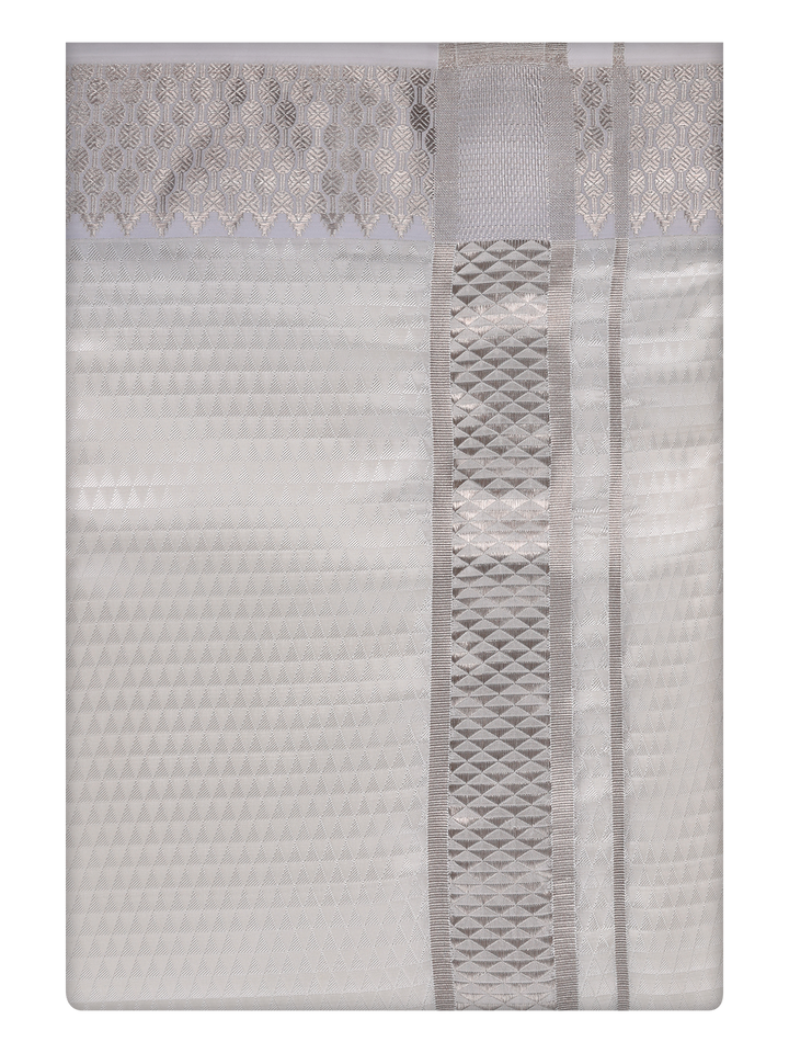 Mens Art Silk Half White Color Dhoti with 2 1/2" Silver Jari Border by Minister White