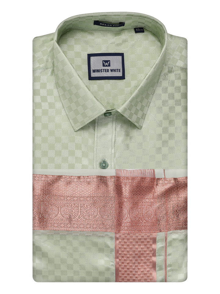 Mens Art Silk Pista Green Full Sleeves Shirt with 3 1/2" Copper Jari Border Dhoti Combo Neogen by Minister White