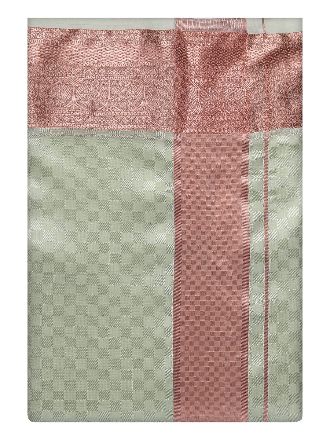 Mens Art Silk Pista Green Full Sleeves Shirt with 3 1/2" Copper Jari Border Dhoti Combo Neogen