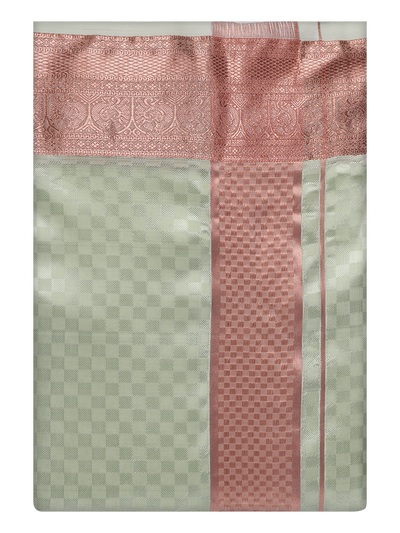 Mens Art Silk Pista Green Full Sleeves Shirt with 3 1/2" Copper Jari Border Dhoti Combo Neogen