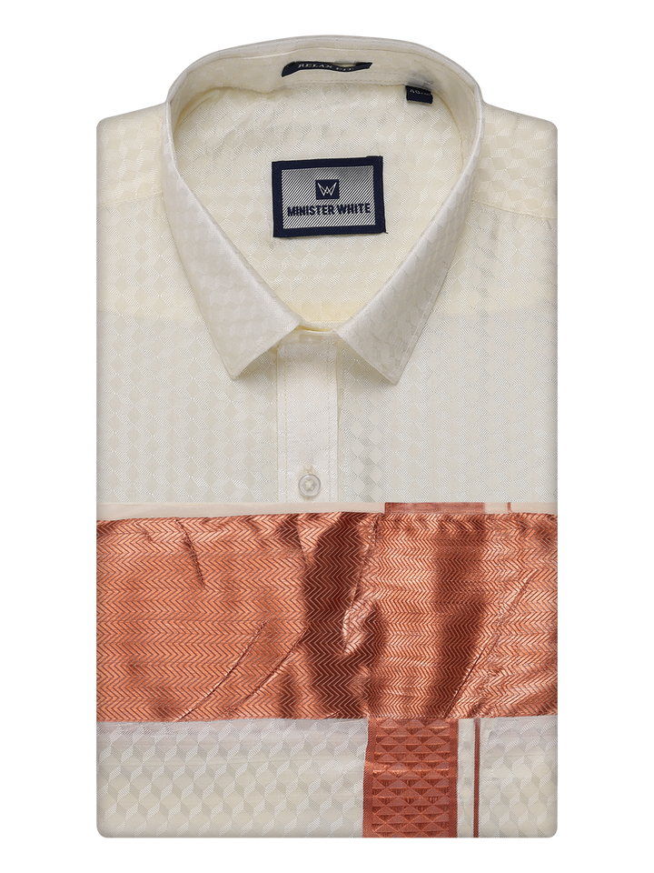 Mens Art Silk Cream Full Sleeves Shirt with 4" Copper Jari Border Dhoti Combo Neogen by Minister White