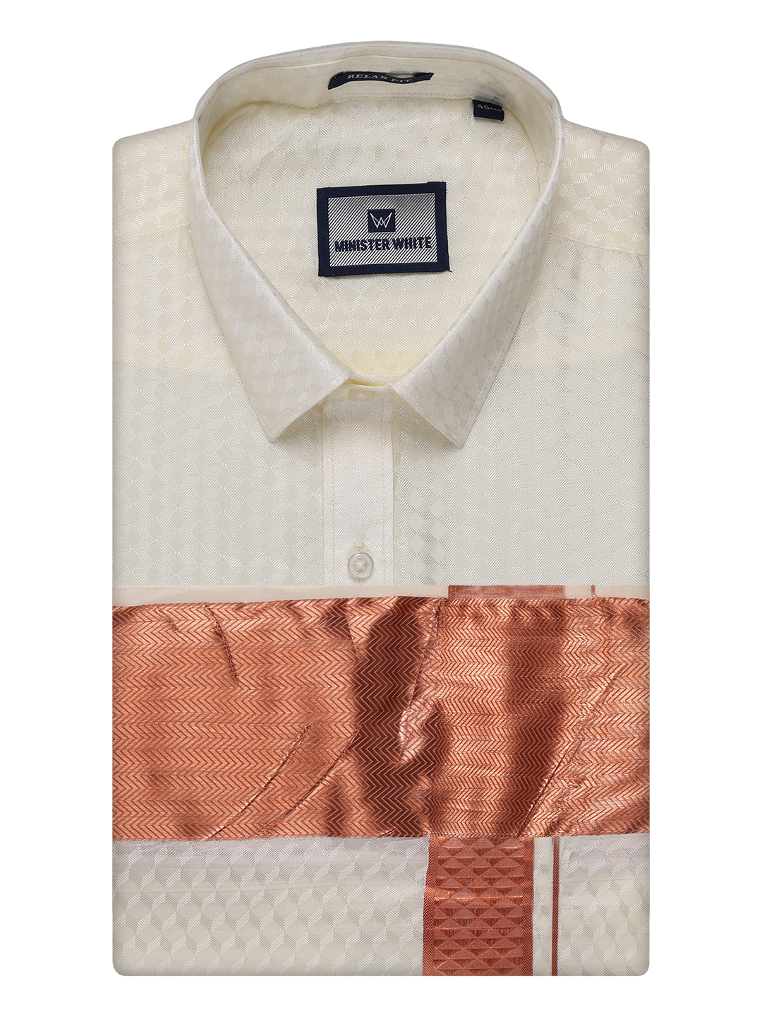 Mens Art Silk Cream Full Sleeves Shirt with 4" Copper Jari Border Dhoti Combo Neogen by Minister White