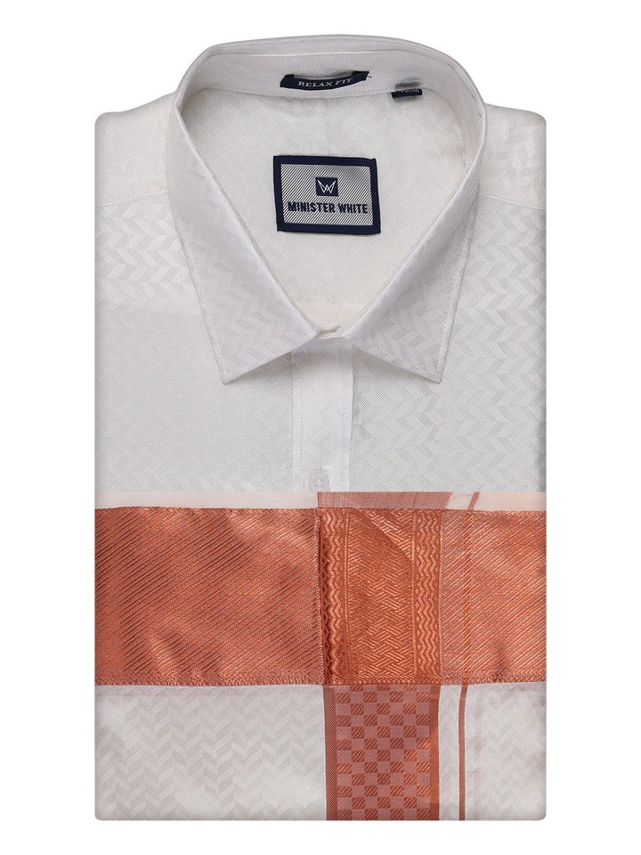 Mens Art Silk Half White Full Sleeves Shirt with 4" Copper Jari Border Dhoti Combo Neogen by Minister White