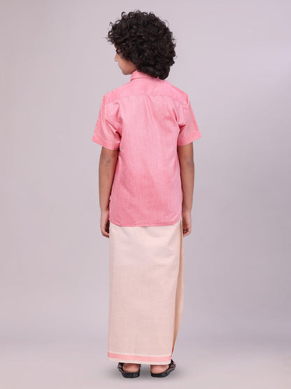 Father & Son Pink Colour Cotton Shirt with Matching Border Tissue Dhoti Combo